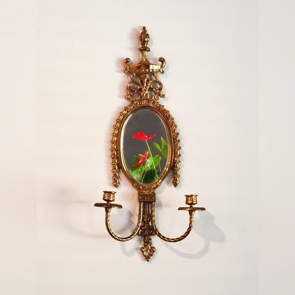 French Neoclassical Brass Urn & Rope Twist Double Candle & Mirrored Wall Sconces - Picture 1 of 2
